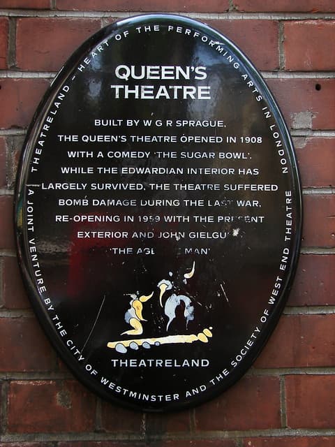 John Gielgud, W. G. R. Sprague, and Queen's Theatre black plaque
