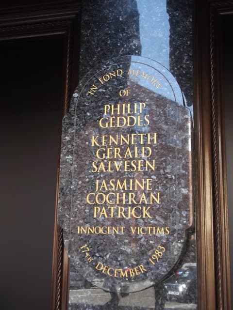 The Harrods Bombing, Philip Geddes, Kenneth Gerald Salvesen , and Jasmine Cochran Patrick marble plaque