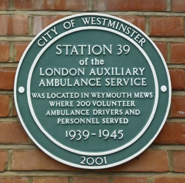 Station 39 of the London Auxiliary Ambulance Service green plaque