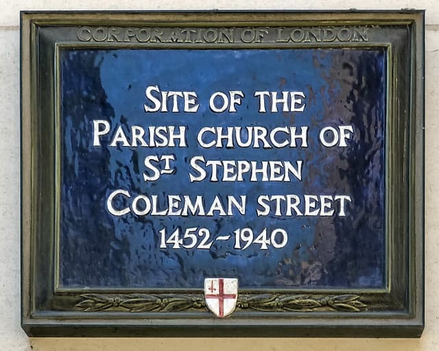 Parish Church of St Stephen Coleman Street, London blue plaque