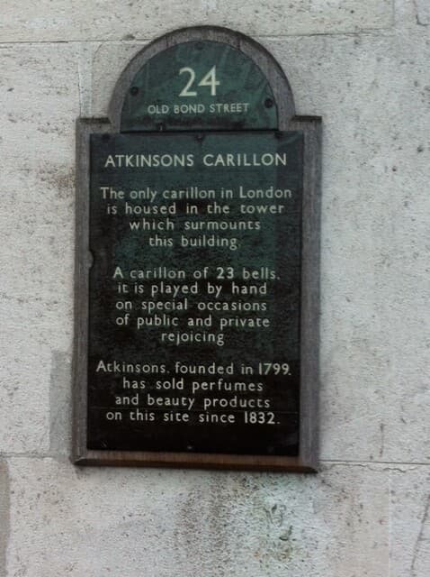 Atkinsons Carillon, James Atkinson, Edward Atkinson, and Atkinsons of London black plaque
