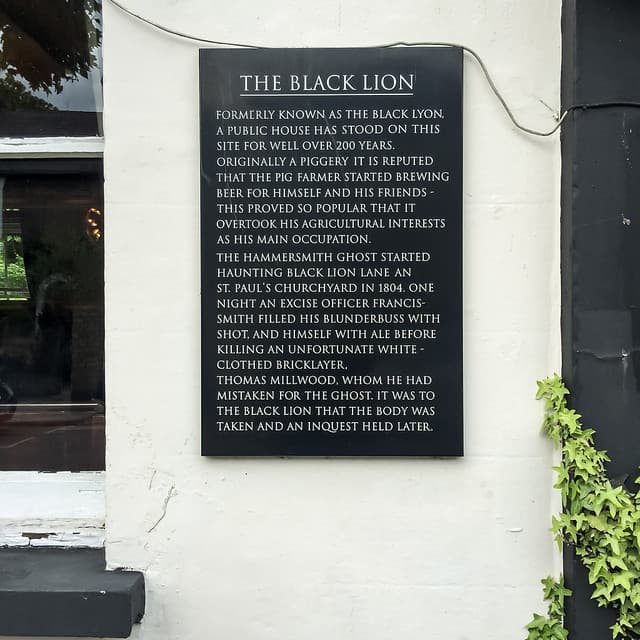 Black Lion, London, Thomas Millwood, Francis-Smith, and The Hammersmith Ghost black plaque