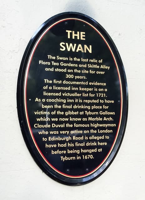 Claude Duval, Flora Tea Gardens and Skittle Alley, and The Swan, London black plaque