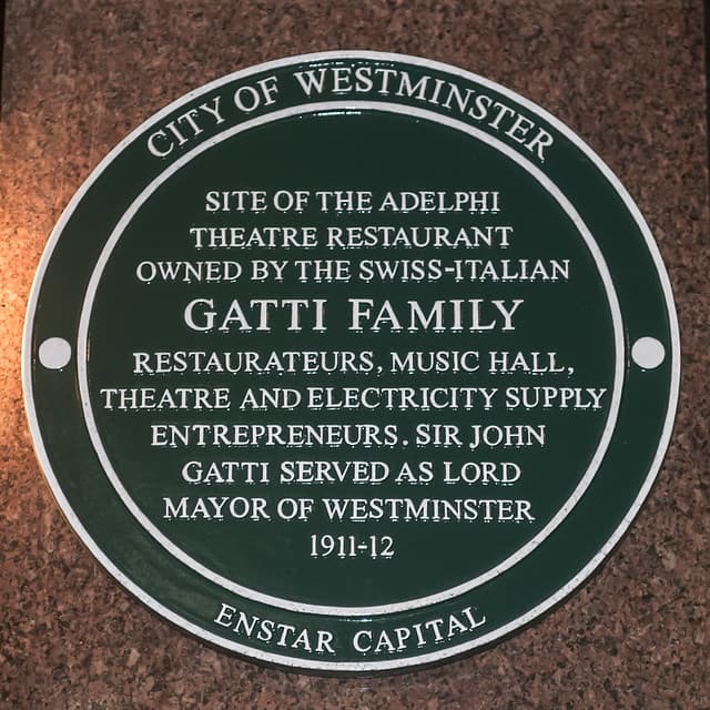 John Maria Gatti , Adelphi Theatre Restaurant, London, Agostino Gatti, and Rocco Joseph Stefano Gatti green plaque