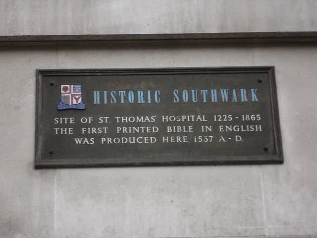 St. Thomas' Hospital and first printed bible in English grey plaque
