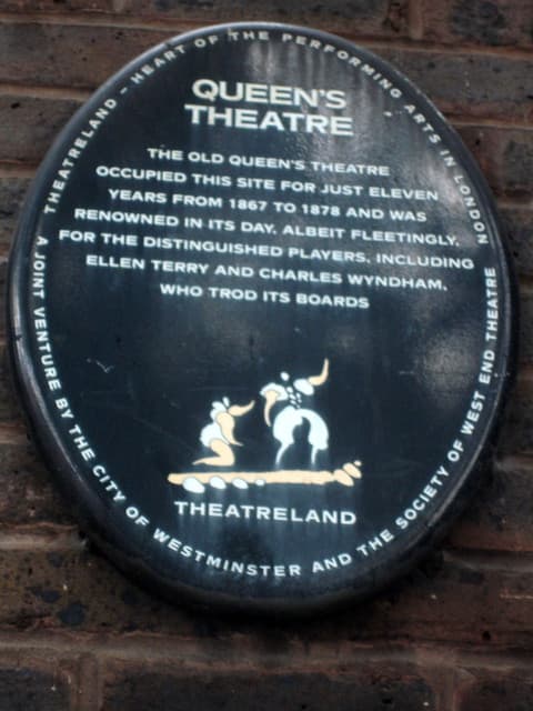 Charles Wyndham, Ellen Terry, and Queen's Theatre, Long Acre black plaque