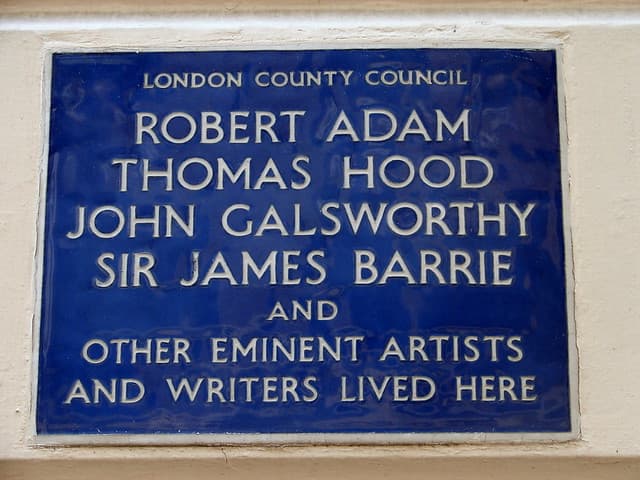 John Galsworthy, J. M. Barrie, Thomas Hood, and Robert Adam blue plaque
