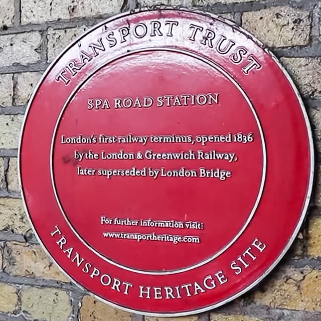 Spa Road railway station red plaque