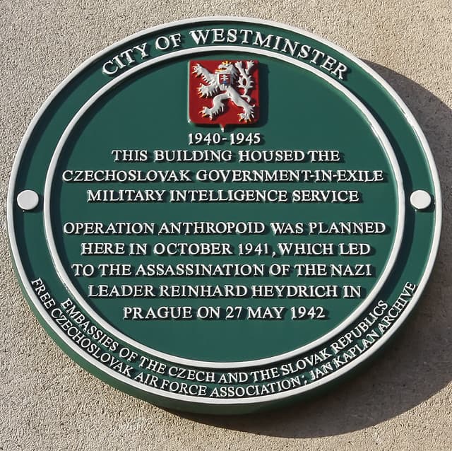 Czechoslovak Government in exile Military Intelligence Service and Operation Anthropoid green plaque
