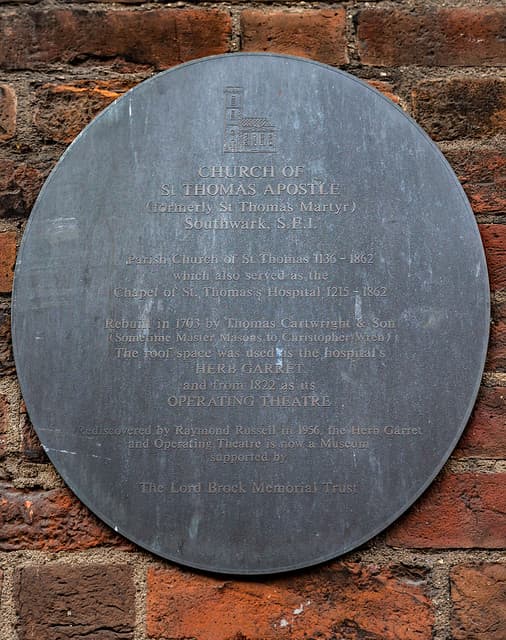 Christopher Wren, Church of St Thomas Apostle, Raymond Russell, and Thomas Cartwright slate plaque