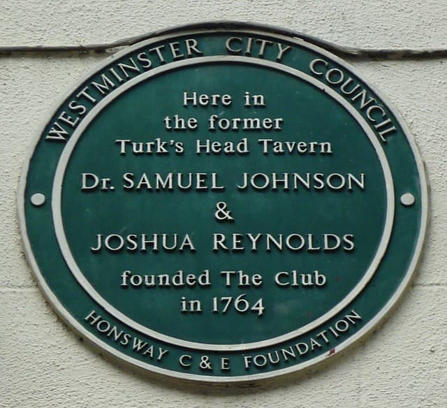 Joshua Reynolds, Samuel Johnson, and The Club green plaque