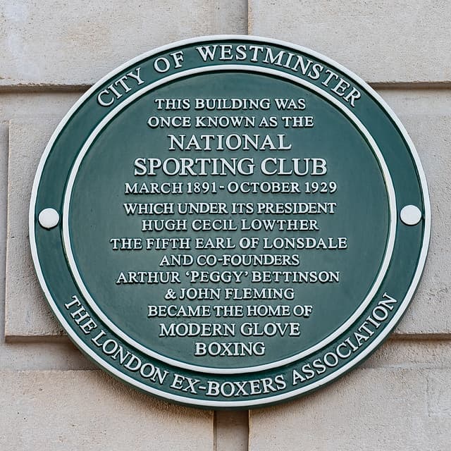 Arthur 'Peggy' Bettinson, John Fleming, The National Sporting Club, and Hugh Cecil Lowther green plaque