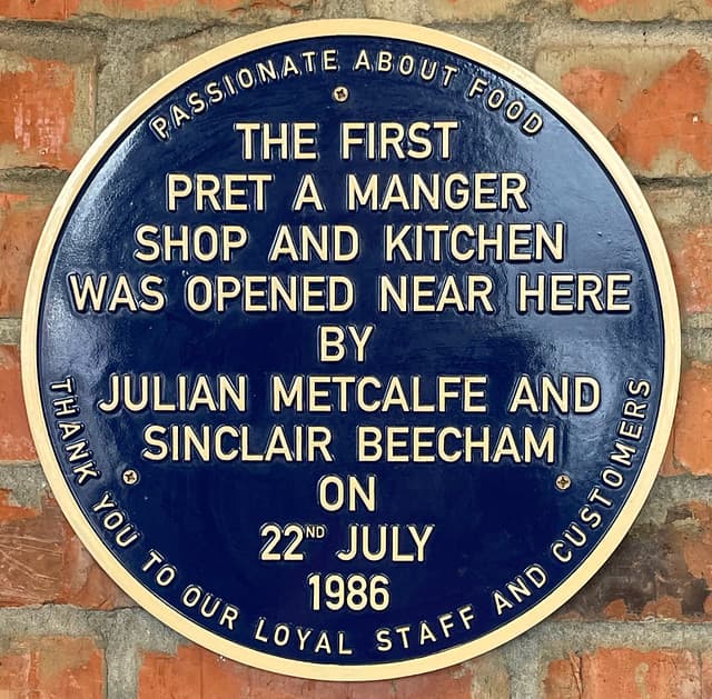 Julian Metcalfe, Sinclair Beecham, and Pret a Manger blue plaque
