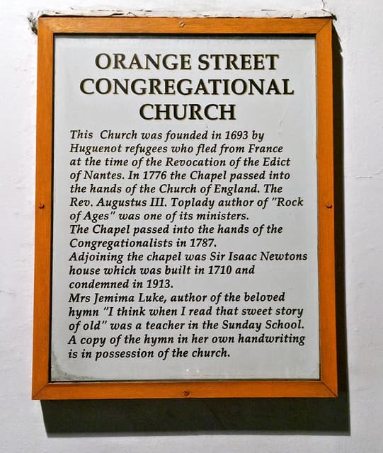 Isaac Newton and Orange Street Congregational Church, London white plaque